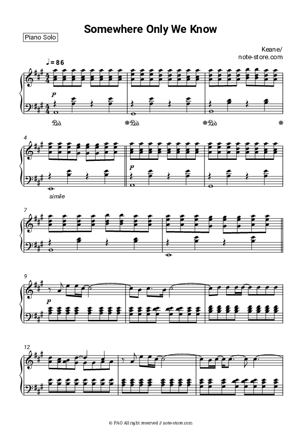 Somewhere Only We Know - Keane Piano Sheet Music - Piano.Solo