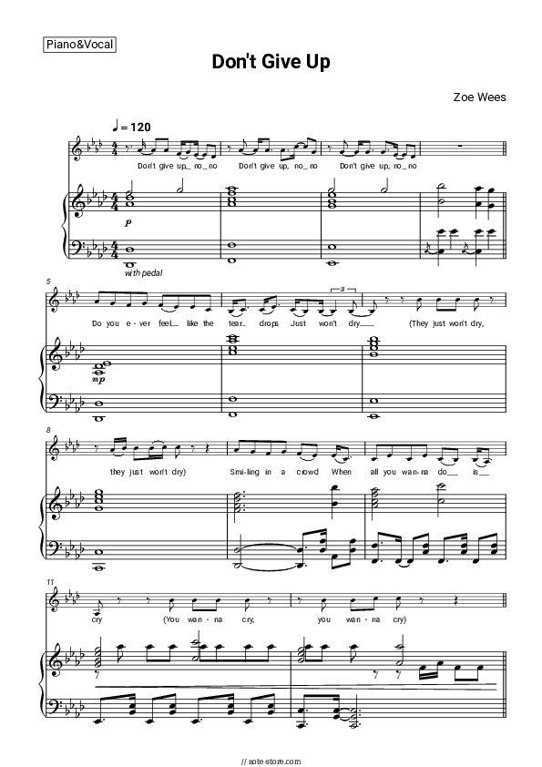 Don't Give Up - Zoe Wees Piano Sheet Music with the Voice part - Piano&Vocal