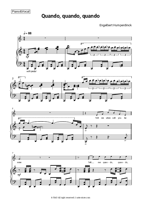 Quando, quando, quando - Engelbert Humperdinck Piano Sheet Music with the Voice part - Piano&Vocal