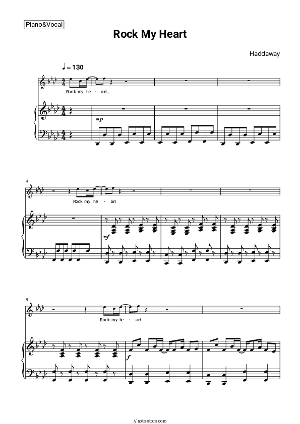 Rock My Heart - Haddaway Piano Sheet Music with the Voice part - Piano&Vocal