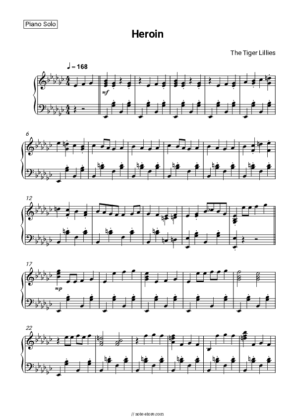 Heroin - The Tiger Lillies Piano Sheet Music - Piano.Solo
