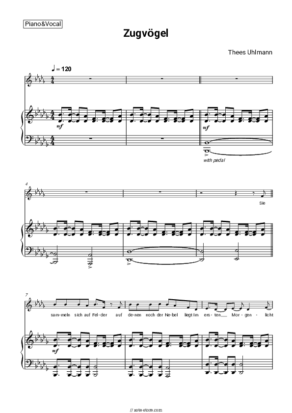 Zugvögel - Thees Uhlmann Piano Sheet Music with the Voice part - Piano&Vocal