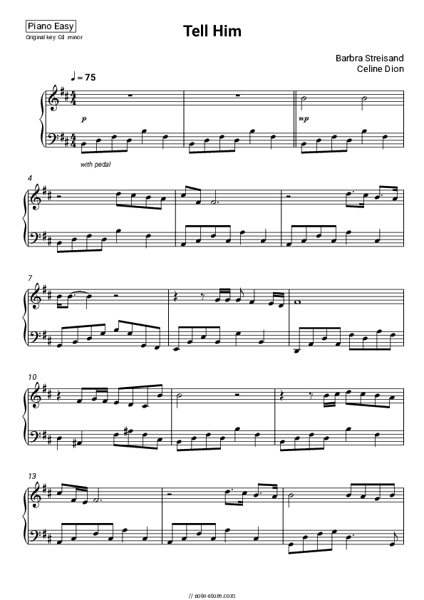 Tell Him - Barbra Streisand, Celine Dion Piano Sheet Music Easy - Piano.Easy