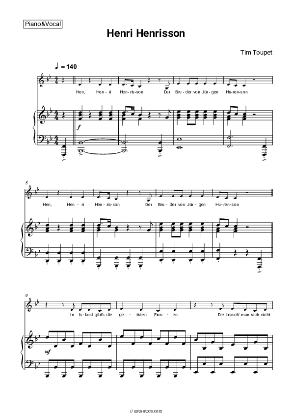 Henri Henrisson - Tim Toupet Piano Sheet Music with the Voice part - Piano&Vocal