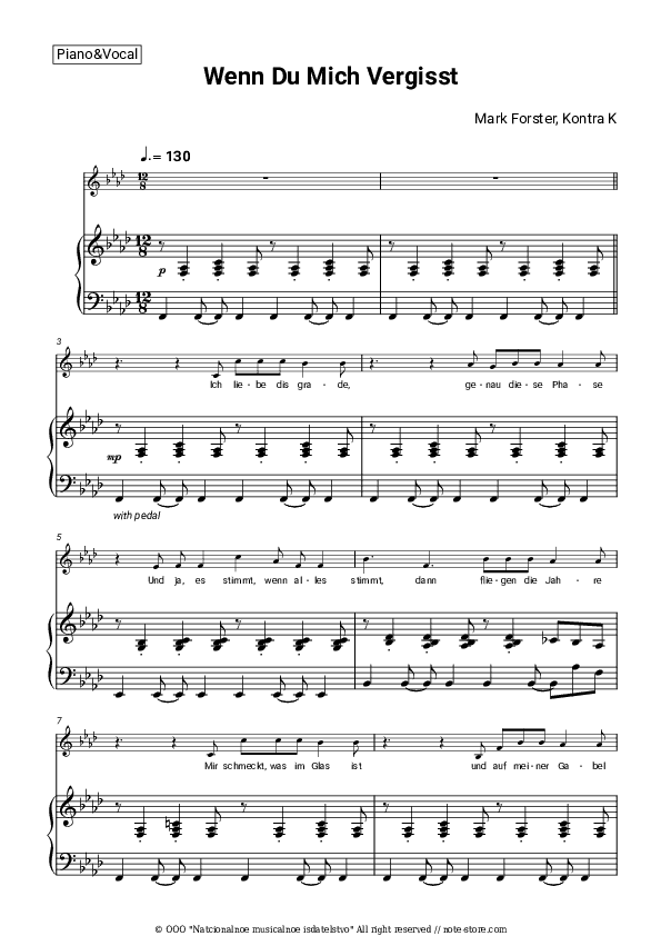 Wenn Du Mich Vergisst - Mark Forster, Kontra K Piano Sheet Music with the Voice part - Piano&Vocal