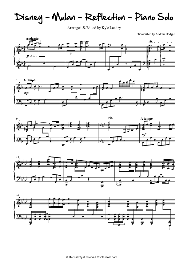 Reflection - Christina Aguilera Piano Sheet Music - Piano.Solo