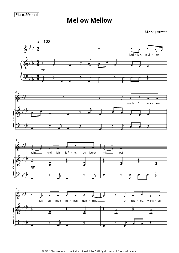 Mellow Mellow - Mark Forster Piano Sheet Music with the Voice part - Piano&Vocal