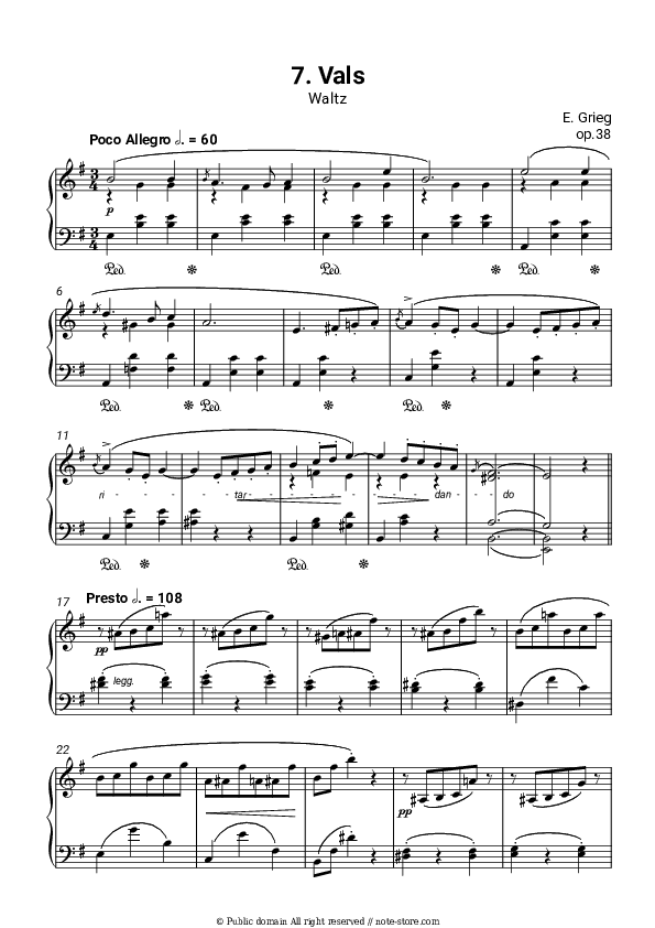Lyric Pieces, op.38. No. 7 Waltz - Edvard Hagerup Grieg Piano Sheet Music - Piano.Solo