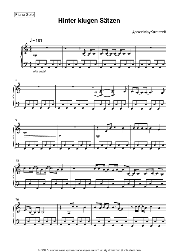 Hinter klugen Sätzen - AnnenMayKantereit Piano Sheet Music - Piano.Solo