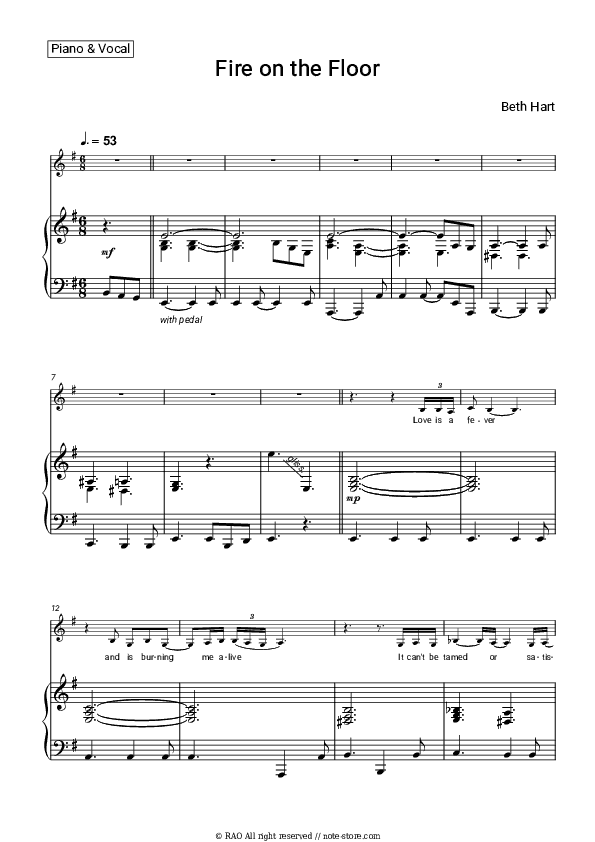 Fire on the Floor - Beth Hart Piano Sheet Music with the Voice part - Piano&Vocal