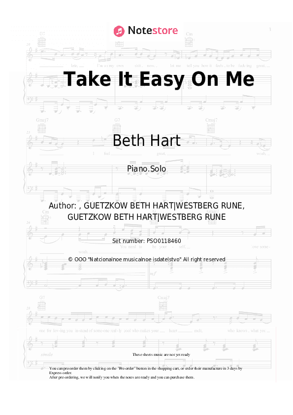 Take It Easy On Me - Beth Hart Piano Sheet Music - Piano.Solo