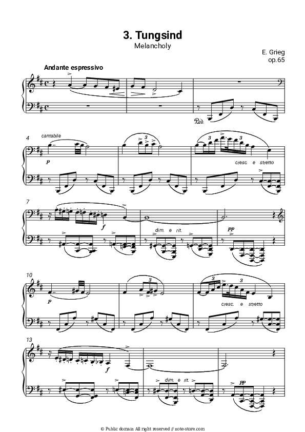 Lyric Pieces, op.65. No. 3 Melancholy - Edvard Hagerup Grieg Piano Sheet Music - Piano.Solo