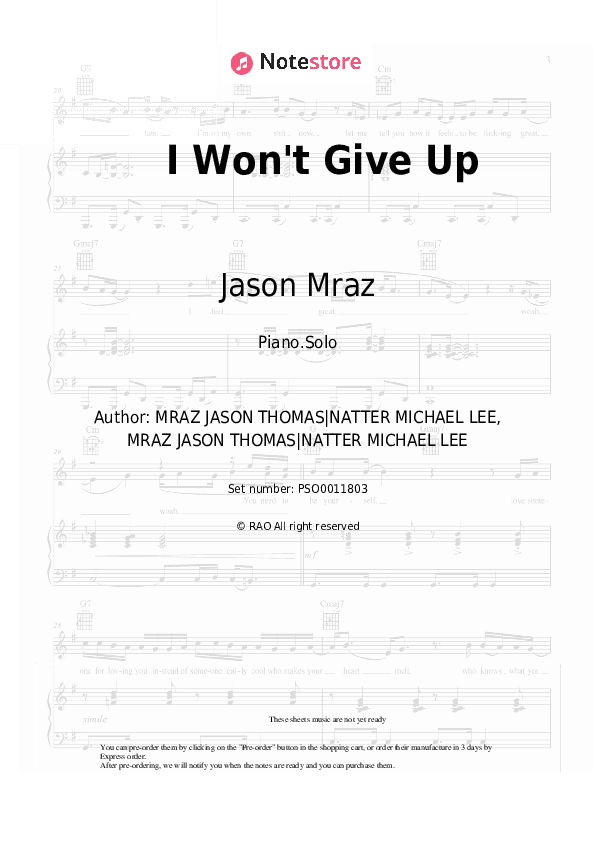 I Won't Give Up - Jason Mraz Piano Sheet Music - Piano.Solo