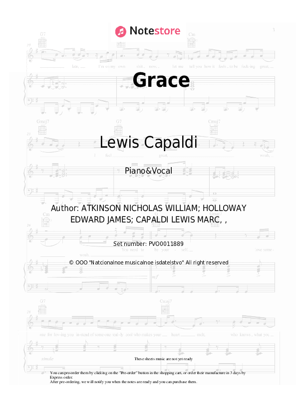 Grace - Lewis Capaldi Piano Sheet Music with the Voice part - Piano&Vocal