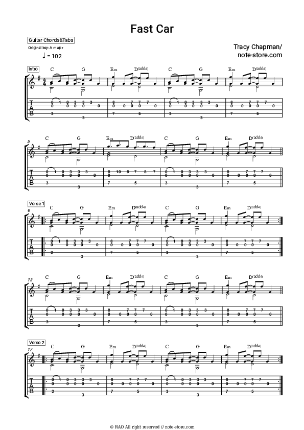 Fast Car - Tracy Chapman Chords and Tabs - Guitar.Chords&Tabs
