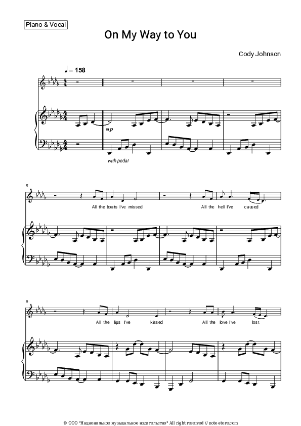 On My Way to You - Cody Johnson Piano Sheet Music with the Voice part - Piano&Vocal