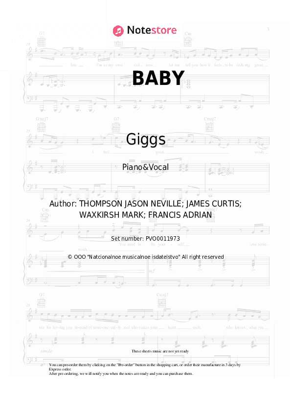 BABY - Giggs Piano Sheet Music with the Voice part - Piano&Vocal