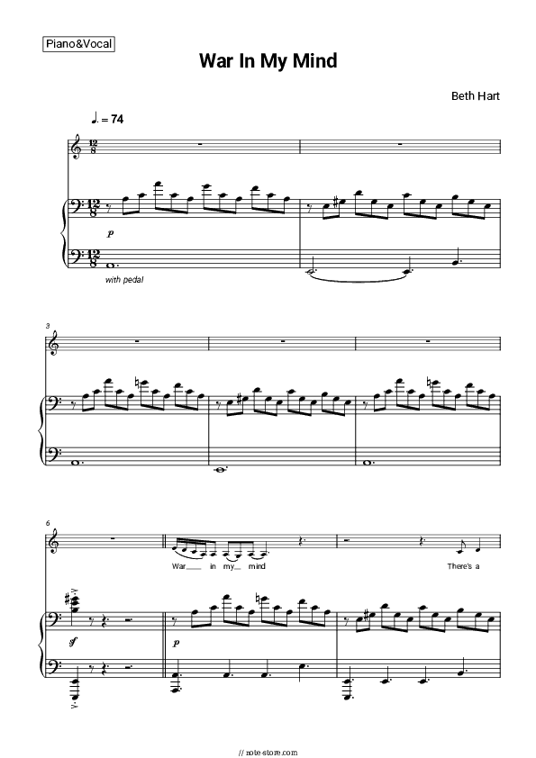 War in My Mind - Beth Hart Piano Sheet Music with the Voice part - Piano&Vocal