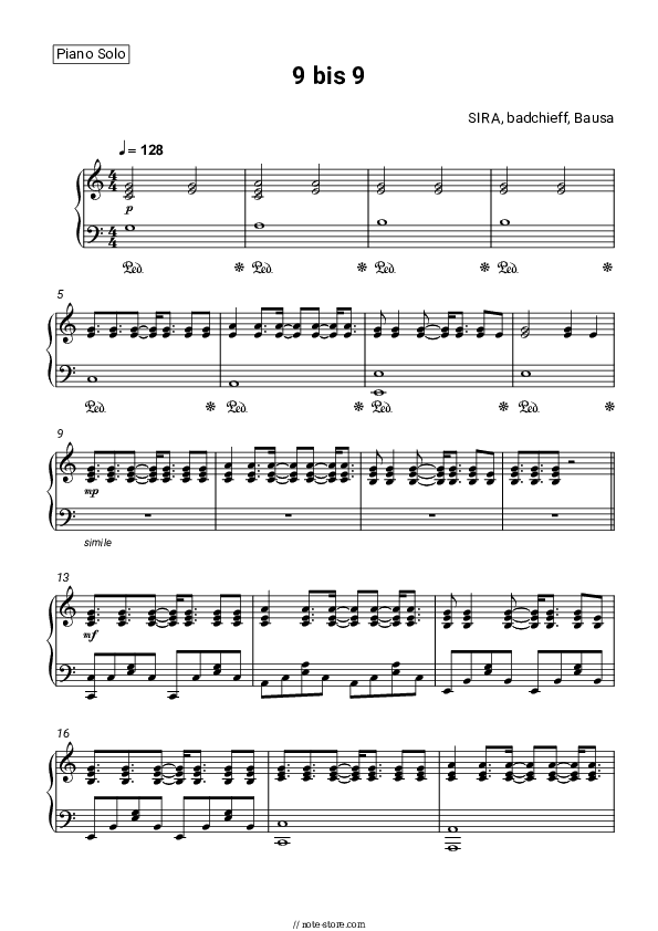 9 bis 9 - SIRA, badchieff, Bausa Piano Sheet Music - Piano.Solo