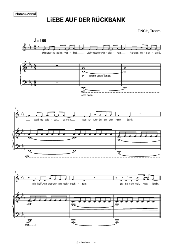 LiEBE AUF DER RÜCKBANK - FiNCH, Tream Piano Sheet Music with the Voice part - Piano&Vocal