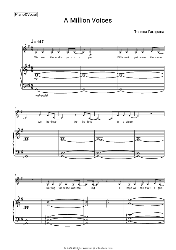 A Million Voices - Polina Gagarina Piano Sheet Music with the Voice part - Piano&Vocal