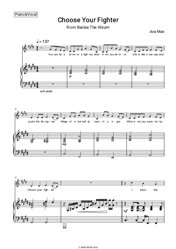 Choose Your Fighter (From Barbie The Album) - Ava Max Piano Sheet Music with the Voice part - Piano&Vocal