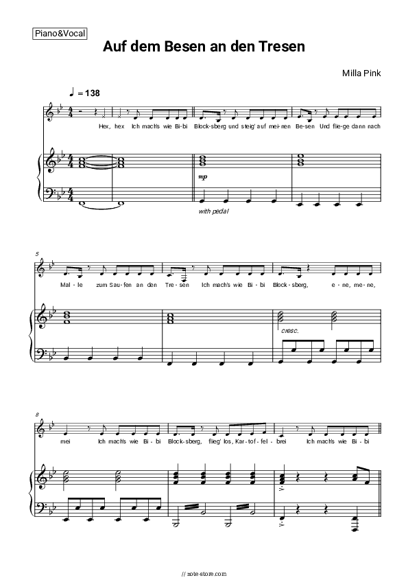 Auf dem Besen an den Tresen - Milla Pink Piano Sheet Music with the Voice part - Piano&Vocal