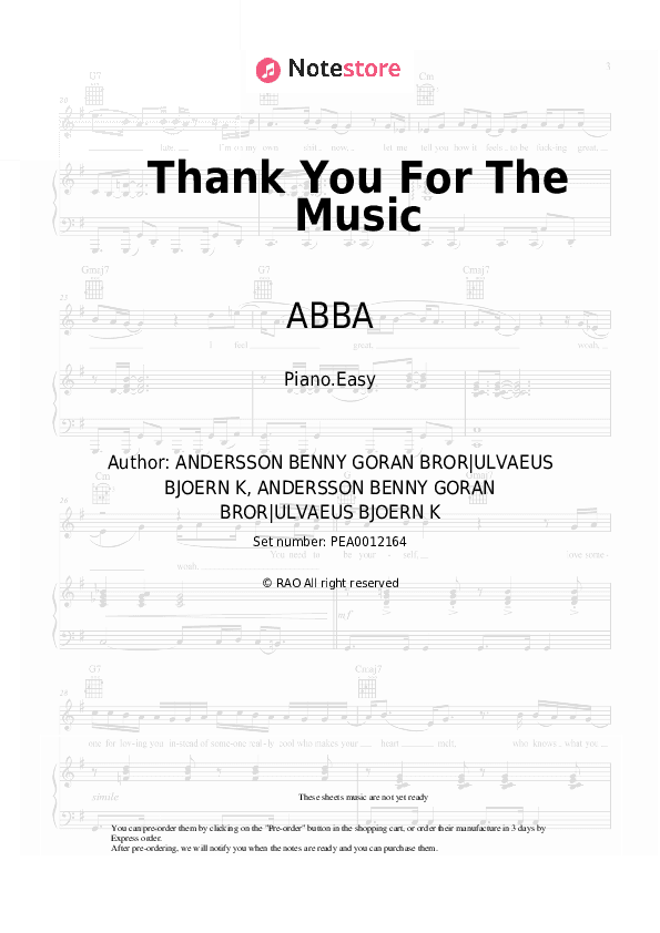 Thank You For The Music - ABBA Piano Sheet Music Easy - Piano.Easy