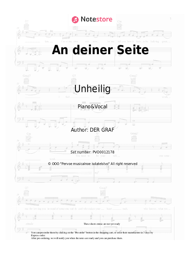 An deiner Seite - Unheilig Piano Sheet Music with the Voice part - Piano&Vocal
