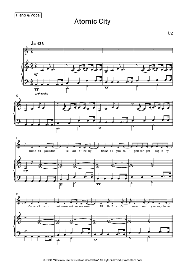 Atomic City - U2 Piano Sheet Music with the Voice part - Piano&Vocal