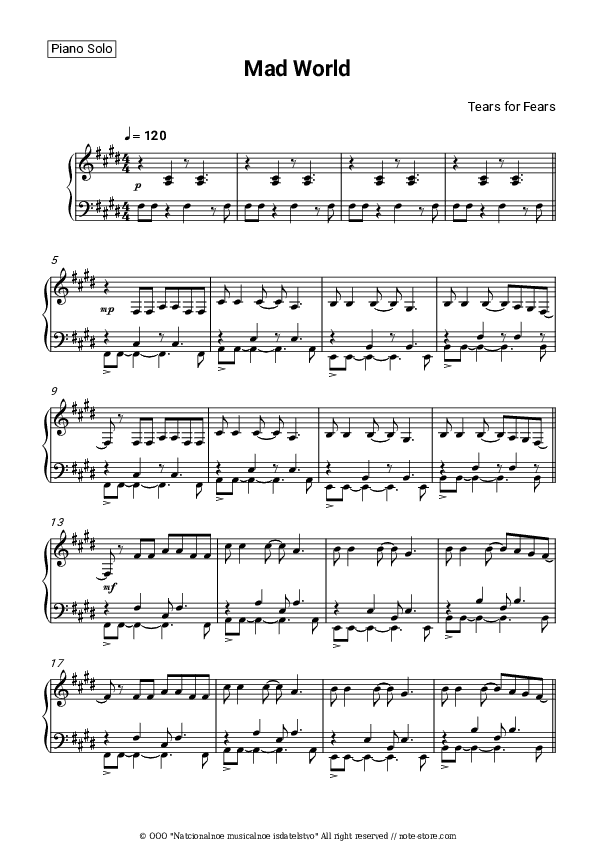 Mad World - Tears for Fears Piano Sheet Music - Piano.Solo