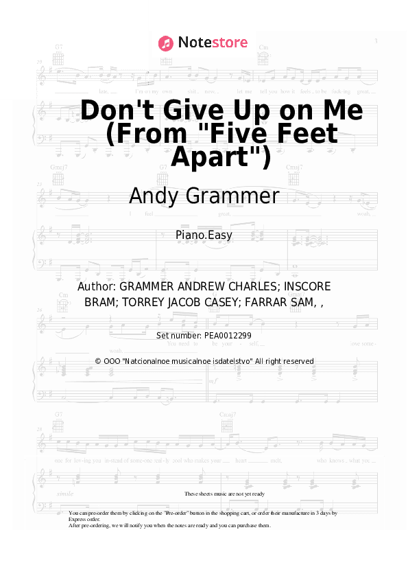 Don't Give Up on Me (From Five Feet Apart) - Andy Grammer Piano Sheet Music Easy - Piano.Easy