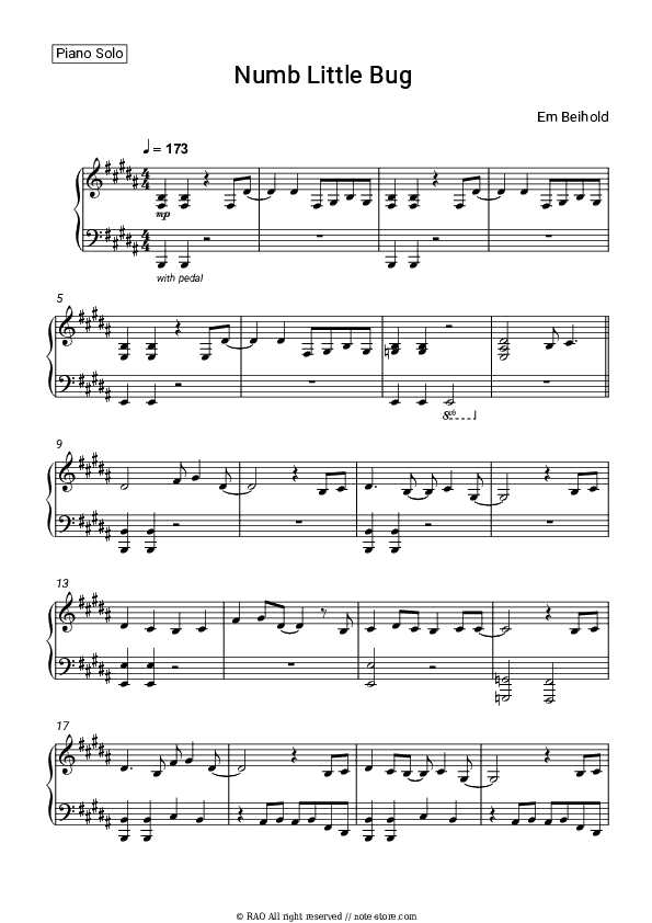 Numb Little Bug - Em Beihold Piano Sheet Music - Piano.Solo