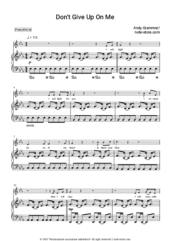 Don't Give Up on Me (From Five Feet Apart) - Andy Grammer Piano Sheet Music with the Voice part - Piano&Vocal