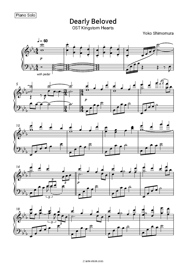 Dearly Beloved (Kingdom Hearts series) - Yoko Shimomura Piano Sheet Music - Piano.Solo