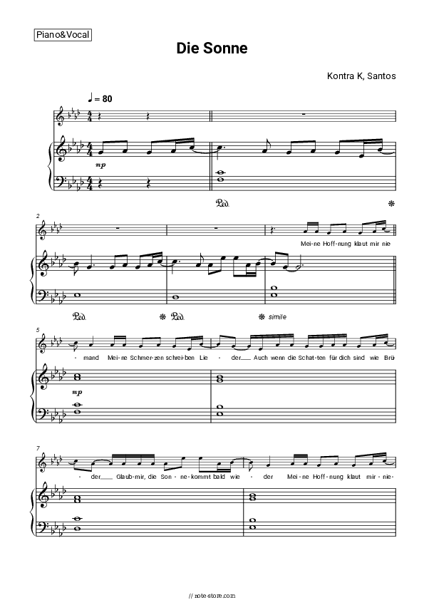 Die Sonne - Kontra K, Santos Piano Sheet Music with the Voice part - Piano&Vocal