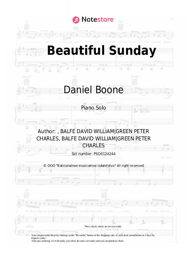 Beautiful Sunday - Daniel Boone Piano Sheet Music - Piano.Solo