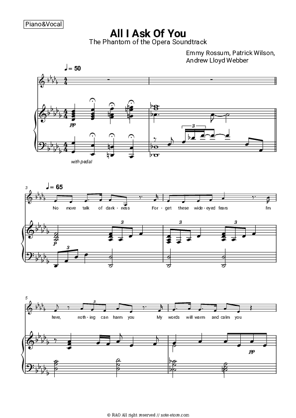 All I Ask Of You (The Phantom of the Opera Soundtrack) - Emmy Rossum, Patrick Wilson, Andrew Lloyd Webber Piano Sheet Music with the Voice part - Piano&Vocal