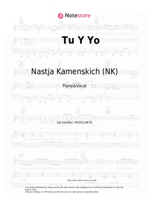 Tu Y Yo - Nastja Kamenskich (NK) Piano Sheet Music with the Voice part - Piano&Vocal