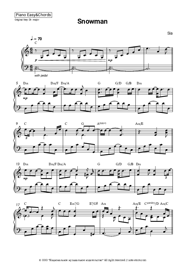 Snowman - Sia Sheet Music Easy and Chords - Piano.Easy&Chords