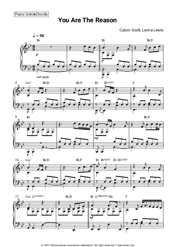 You Are the Reason - Calum Scott, Leona Lewis Piano Sheet Music and Chords - Piano.Solo&Chords