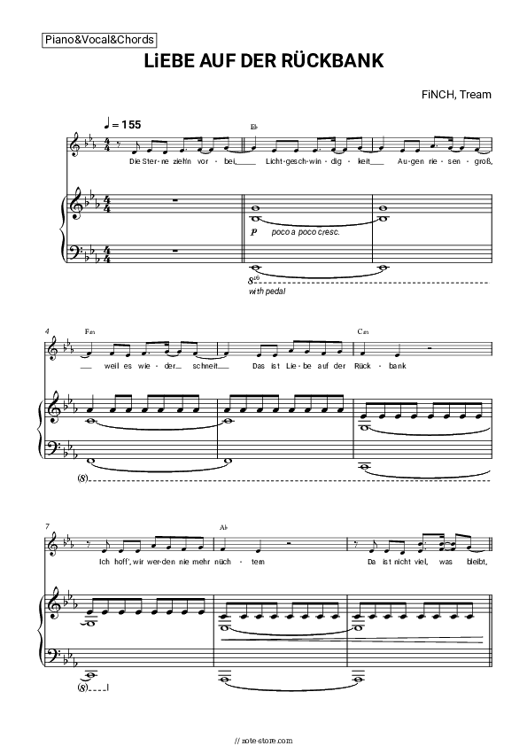 LiEBE AUF DER RÜCKBANK - FiNCH, Tream Piano Sheet Music with the Vocal and Chords - Piano&Vocal&Chords