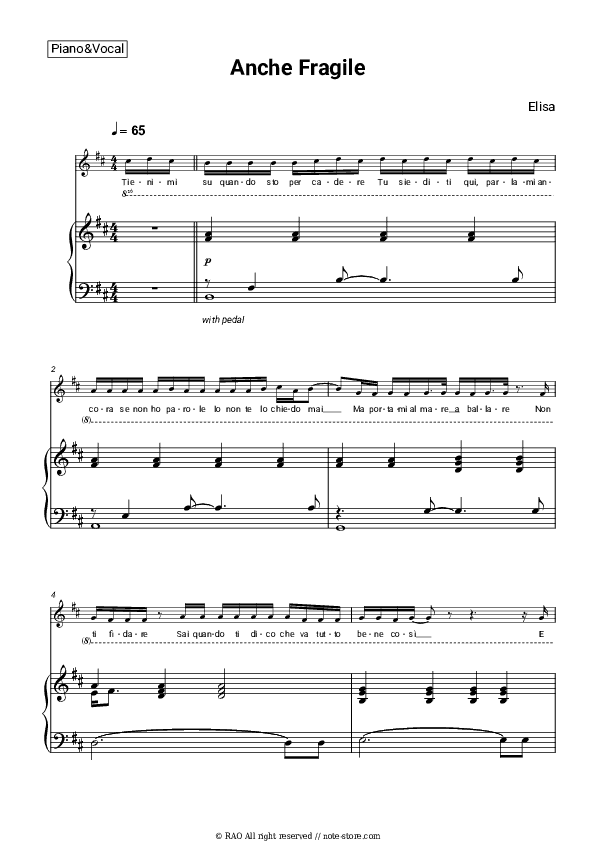 Anche Fragile - Elisa Piano Sheet Music with the Voice part - Piano&Vocal