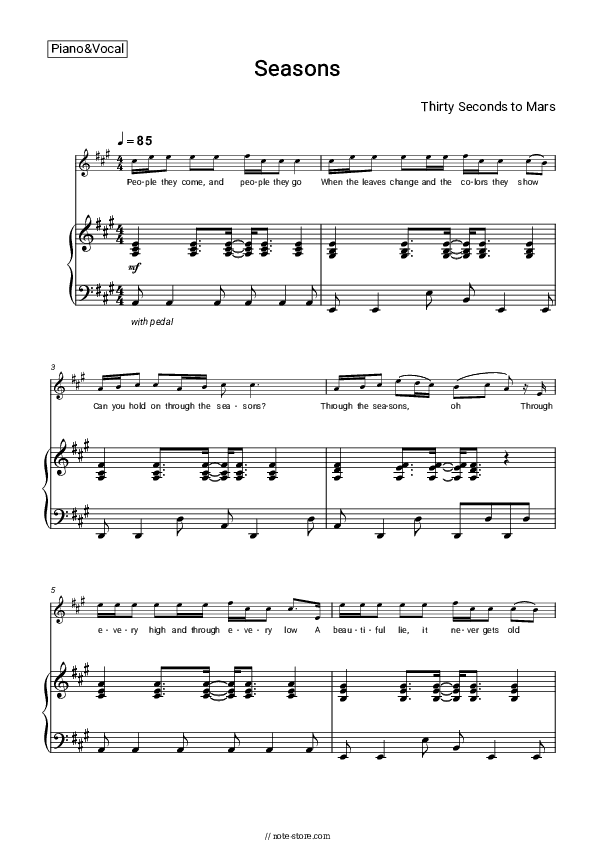 Seasons - Thirty Seconds to Mars Piano Sheet Music with the Voice part - Piano&Vocal