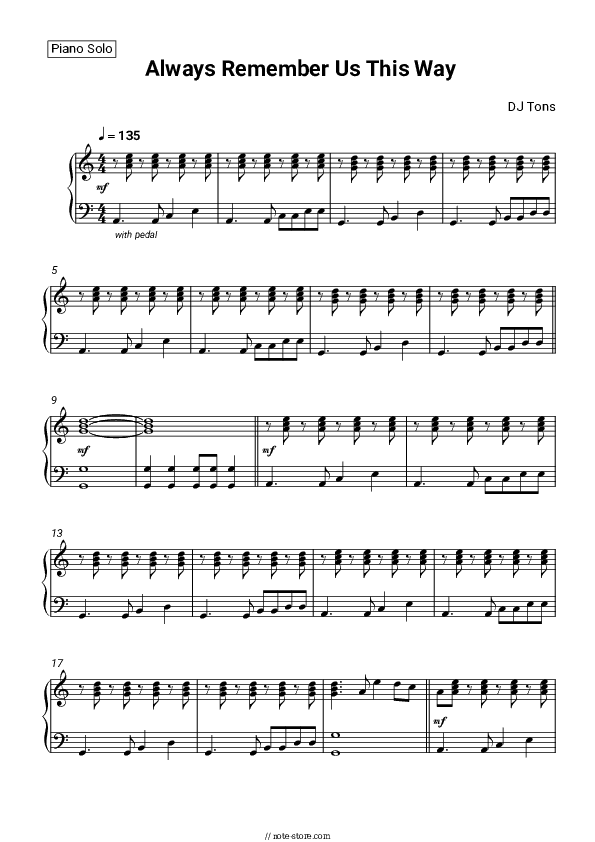 Always Remember Us This Way - DJ Tons Piano Sheet Music - Piano.Solo