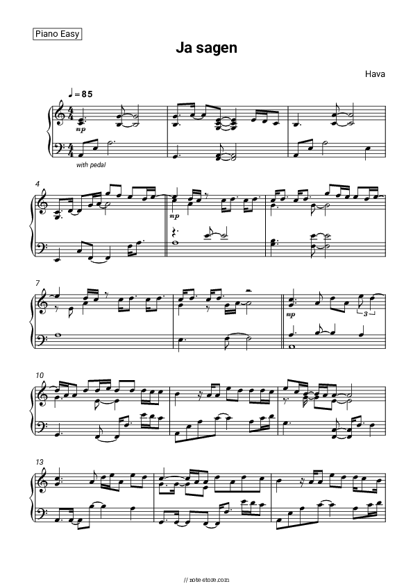 Ja sagen - Hava Piano Sheet Music Easy - Piano.Easy