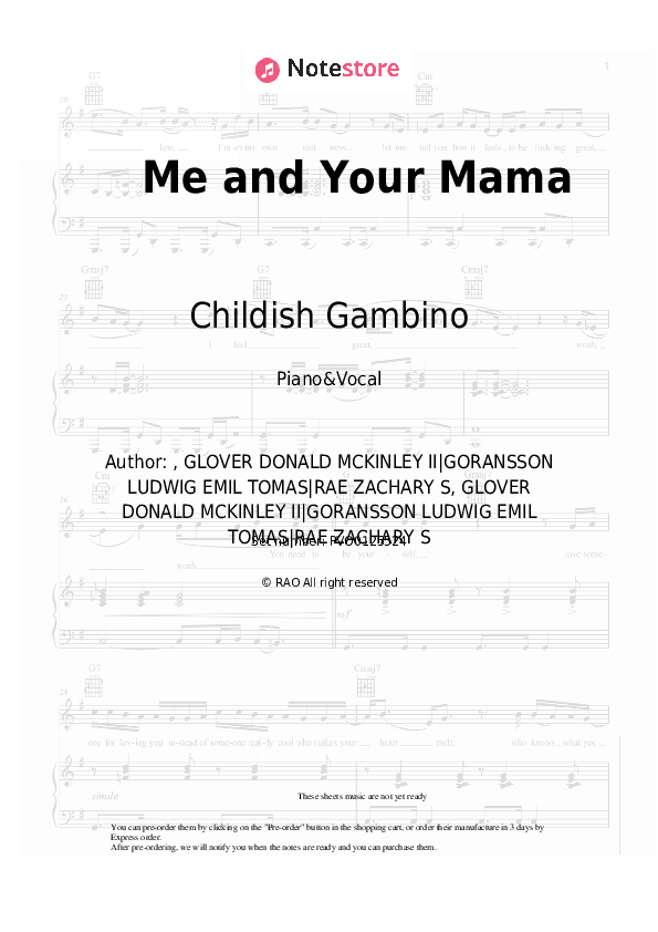 Me and Your Mama - Childish Gambino Piano Sheet Music with the Voice part - Piano&Vocal