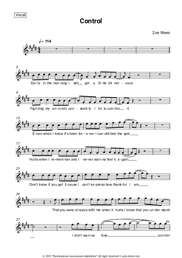 Control - Zoe Wees Vocal Sheet Music - Vocal