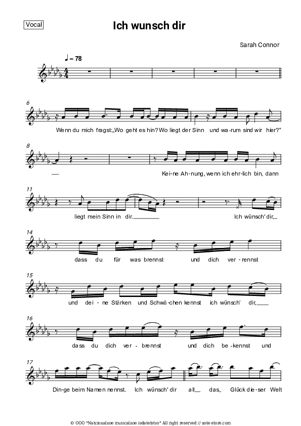Ich wunsch dir - Sarah Connor Vocal Sheet Music - Vocal