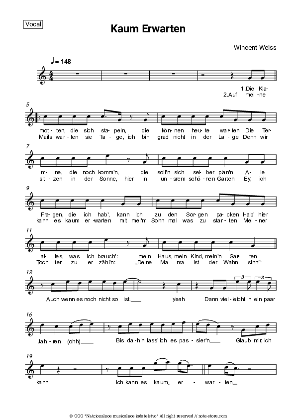 Kaum Erwarten - Wincent Weiss Vocal Sheet Music - Vocal